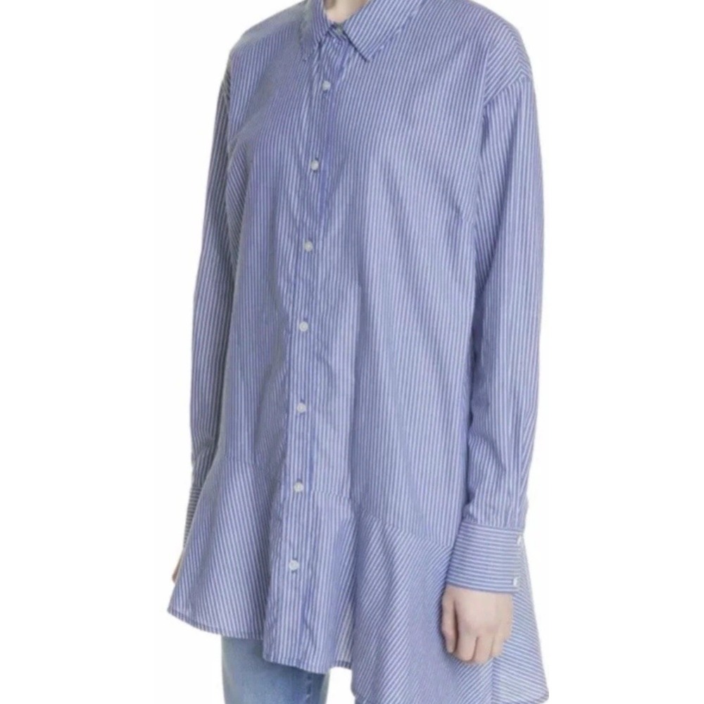 Veronica Beard Womens 8 Gilda Blue White Striped Shirt Cotton Ruffle Hem Button